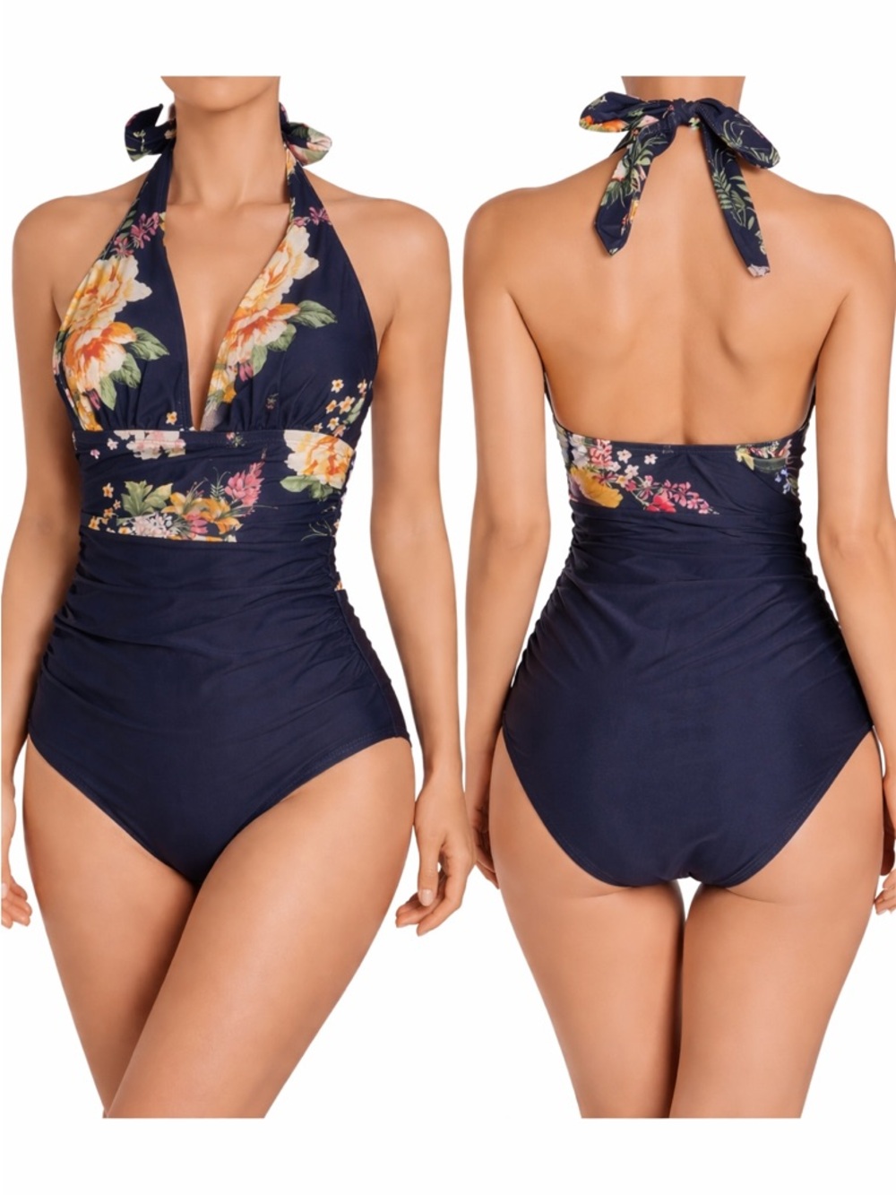 CUPSHE One‎ Piece Swimsuit Women's Size XS Halter Top Navy Floral